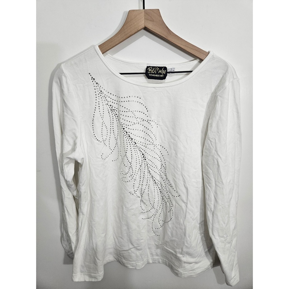 Bob Mackie Wearable Art White Rhinestone Feather Long Sleeve Top Womens Large